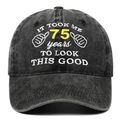 Detalle del bordado del 75 cumpleaños en gorra de algodón lavado vintage - Negro Lavado 75 Años