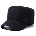 Men's navy wool flat top cap with fleece lining and metal R logo for winter warmth - R Badge / Navy Blue