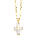 Hip hop double-layer gold cross pendant necklace with clear zircon stones on Figaro chain - Clear Zirconia / White