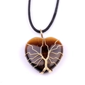 Tiger eye heart stone necklace with golden wire wrapped tree of life on black cord - Tiger Eye (Gold)