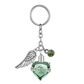 Silver heart cremation urn keychain with green crystal and angel wing charm - Light Green