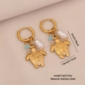 Golden sea turtle earrings with baroque pearl and colorful beads in stainless steel - Sea Turtle (1#海龟)