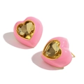 Pink heart stud earrings with 18K gold plating and champagne crystal centers - Heart Stud Earrings - Pink Enamel - Yellow Zirconia