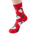 Detail van rode kerstsokken met patronen van sneeuwpop en kerstboom op katoenen stof - Maat 35-40 / Sneeuwpop / Rood