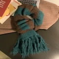 Écharpe à rayures marron et bleu sarcelle avec franges douces sur un bureau - Vert