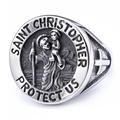 Vintage Saint Christopher stainless steel ring with religious relief and engraved protection text - US 7
