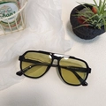 Retro oval sunglasses with black frame and light yellow transparent lenses for men and women - Green 9