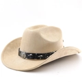 Detail of tan suede cowboy hat featuring a black patterned band and lion head emblem - M (56-58cm) / Light Camel