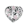 S925 sterling silver heart-shaped charm with pink enamel flowers and tree of life design - Heart Tree of Life Bead (SCC2690)