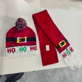Christmas LED knitted hat and scarf set in red and white with HO HO HO reindeer patterns - Santa Belt-Set