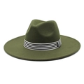 Close-up of olive green wool fedora with a striped black and white decorative band - M (56-58cm) / Army Green