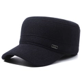 Men's winter flat top hat in navy blue with thick fleece lining and metallic fashion tag - Adjustable / Square Label Navy Blue