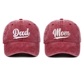 Close-up of vintage red washed cotton baseball caps with Dad and Mom embroidery - One Size / Burgundy