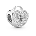 Silver heart lock charm bead with sparkling clear crystals and realistic keyhole - Silver