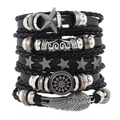 Men's multilayer black leather braided bracelet with silver star and feather charms - Star Feather Totem Punk Set