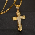 Hip hop style gold cross pendant necklace with white crystals and rope chain link - Gold