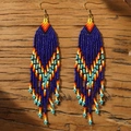 Handmade Bohemian tassel beaded earrings with dark blue geometric ethnic patterns - Dark Blue Geometric Tassel Style (MG-E220043C) / Dark Blue
