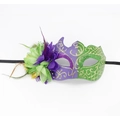 Detailed macro view of purple and green masquerade mask with feathers and gold glitter - Style 7