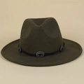 Chapeau fedora vintage en laine vert olive avec conchos argentés et ruban noir décoratif - M (56-58cm) / Corde Noire Vert