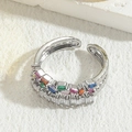 Silver double-layer open ring with rainbow gradient baguette gemstones and white zircons - Colorful Zircon Double Layer Ring - Silver Color