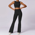 Conjunto de yoga negro para mujer con top corto sin mangas y leggings de campana - S / Negro Premium