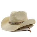 Sombrero de paja estilo cowboy con cinta arcoíris y barboquejo ajustable para el sol - M (56-58cm) / Beige