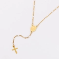 Gold Y-shaped bohemian rosary necklace with white beads and a cross pendant - White