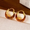 Macro shot of C-shaped tiger eye stone hoop earrings with 14K gold-plated accents - Tortoise Color Gold Hoops (41#)