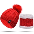 Winter red knitted hat and scarf set with faux fur lining and golden glitter threads - One Size / Red
