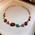 Detail of necklace with multi-colored gemstones and champagne pearls in gold settings - 19# Necklace Rhinestone Teardrop Oval Square Pearl