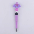 Detail of purple glitter pen featuring a cartoon bat topper and colorful silicone beads - Purple Bat