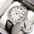 Men's automatic mechanical watch with diamond bezel, sunray dial and black leather strap - White Dial Black Leather Style (A48黑皮白面)