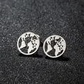 Polished stainless steel round stud earrings featuring a hollow world map design - 130 World Map / Steel