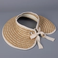 Detail of light brown straw sun visor with cream bow and metallic eyelet accents - M(56-58cm) / Beige