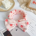 Pink plush headband with red polka dots and a large bow for washing face - Tooth Pink Circle with Watermelon Red Dots