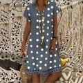 Grey V-neck short sleeve dress with white polka dots and laser-cut hollow hem detail - S / Gray