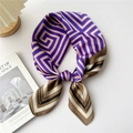 Silk-textured square scarf featuring purple geometric and brown striped splice patterns - Brown Purple Geometric Maze