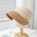 Cappello da sole in paglia con corona beige e tesa in tela color cammello a contrasto - 55-57cm (Regolabile) / Cachi