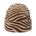 Macro shot of brown and white tiger-patterned knit beanie showing detailed soft texture - Brown and White Zebra Print