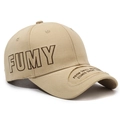 Khaki vintage cotton baseball cap with FUMY embroidery and distressed slogan patch - Adjustable / Khaki