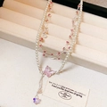 Layered faux pearl and silver chain necklace with pink butterfly pendant and tassels - #10 Zircon Pearl Double-layer Butterfly Tassel Necklace