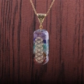 Detailed close-up of colorful crystal stone necklace with golden Flower of Life pendant - Rectangle / Rectangular Flower of Life (NSN0062)