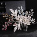 Handmade silver bridal hair comb featuring pink and amber beads with crystal leaves - Silver Pink Amber Bead Hair Comb (HS-J4217S)