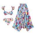Three-piece light blue tropical floral swimsuit set with bikini and long split skirt - S / Mini Ruffle Skirt Set