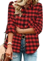 Detailed macro view of classic red and black plaid shirt fabric with buttoned chest pocket - S / Red