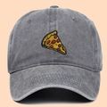 Washed grey cotton baseball cap featuring a detailed pizza slice embroidery on the front - One Size(Adjustable) / Gray