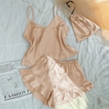 Champagne silk satin pajama set with camisole top and ruffled shorts for summer comfort - Champagne