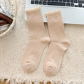 Beige ribbed knit mid-calf socks with sweet lace trim detailing in retro style - One Size / Oatmeal
