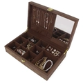 Wooden jewelry box with brown velvet lining, mirror and clover necklace display stand. - 9+2 Grid Jewelry Box / Walnut / Coffee Inner