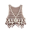 Bohemian V-neck crochet knit vest with hollow patterns and ball tassel trim - S / Caramel color